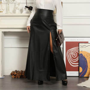 Jupe longue évasée vintage en similicuir PU sexy taille haute pour femme avec fentes et poches - Product Image 4