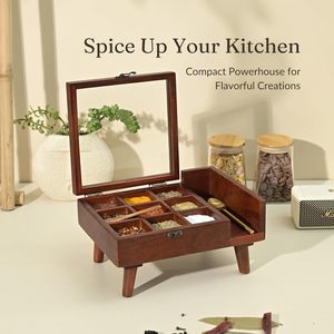Caja de especias india de madera con nueve compartimentos, cuchara decorativa, multiusos, apta para lavavajillas, ecológica, para el hogar y restaurantes, venta al por mayor - Product Image 3
