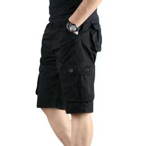 Shorts cargo pour hommes, couleur unie, taille mi-haute, taille élastique, décontracté, tissé, respirant, infroissable, avec cordon de serrage, polyester/coton - Product Image 1
