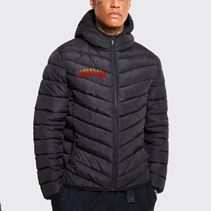 Custom Logo <b>Men's</b> Black Hooded Puffer Jacket Windproof Zipper Closure Casual Winter <b>Coat</b> Thick Polyester Filling Embroidery Logo - Product Image 4