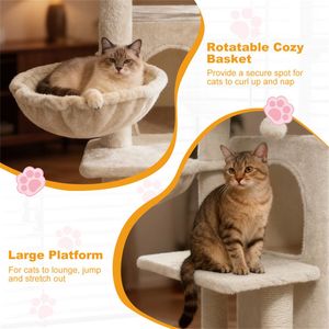 Albero per Gatti Multilivello Beige da 85 cm, 2 Livelli, con Tiragraffi in Sisal e Dispositivo Anti-Ribaltamento per Struttura da Arrampicata per Gatti - Product Image 6