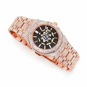 Montre de luxe unisexe en or avec diamants, mouvement à quartz analogique, chiffres romains, fermoir déployant, boîtier rond de 46 mm, cristal, bracelet de 20 mm - Product Image 4