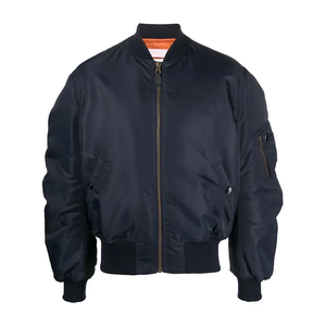 Men's Navy Bomber <b>Jacket</b> Stand Collar <b>Zipper</b> Casual Autumn Wear Polyester Windproof Solid Color Regular Fit - Product Image 2