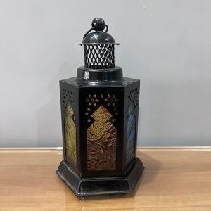 Mini Decorative Iron and colour glass <b>Lantern</b> with <b>Black</b> Finish Home Decoration - Product Image 2