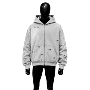 Customized Vintage Light Gray Distressed Zip Hoodie Oversized Streetwear <b>Men</b> Rhinestone Detail French Terry Hooded Embroidered - Product Image 1