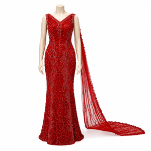 Luxury Red <b>Sequin</b> Mermaid Evening Gown Women Designer Formal Party Dress Elegant Wedding Reception Prom Maxi Natural Embroidery - Product Image 1