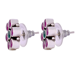 Boucles d'oreilles clous florales en argent sterling 925 avec rubis violet et vert serti en coupelle, bijoux fins pour femmes et jeunes filles - Product Image 6