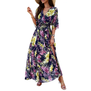 Robe longue en mousseline à imprimé floral, col en V, style cache-cœur, avec fente latérale, manches trois quarts, coupe ample, romantique, pour femme, idéale pour l'été - Product Image 3