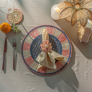 Set de table rond bohème fait main, écologique et lavable, à motif géométrique et rayures colorées, pour la maison et la décoration de table de mariage - Product Image 1
