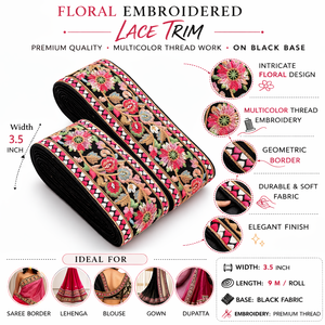 Ribete de encaje bordado floral tradicional de lujo sobre base negra para vestidos de novia, bordes de sari, decoración de prendas y uso en alta costura - Product Image 6