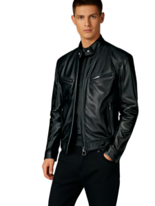 Blouson moto en cuir pour homme, coupe ajustée, fermeture éclair, col montant, noir, coupe-vent, pour l'automne - Product Image 3