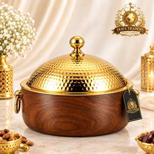 Cazuela de lujo dorada martillada con aislamiento, tapa de madera y latón, calentador de alimentos, plato térmico para servir, calentador de platos, caja térmica - Product Image 1