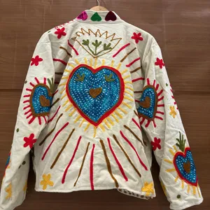 Premium Ivory <b>Velvet</b> Floral Embroidered Suzani <b>Jacket</b> with Heart Print Full Sleeve Stand Collar Handmade Bohemian Autumn Coat - Product Image 3