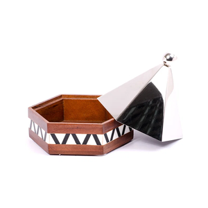 Modern Hexagonal Wooden Bowl With Metal Pyramid <b>Lid</b> Handmade <b>Decorative</b> Serving Dish Geometric Pattern Design - Product Image 2