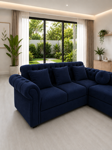 Canapé modulaire Emerald Origin avec ensemble bleu marine boutonné, dossier capitonné écologique, accoudoirs roulés, design contemporain pour salon d'appartement - Product Image 4
