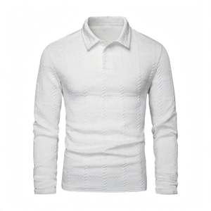 <b>Men's</b> <b>White</b> <b>Long</b> <b>Sleeve</b> Polo <b>Shirt</b> Knitted Textured Collar Button Casual Top - Product Image 1
