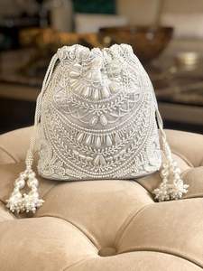 Unique Design Dark <b>Green</b> <b>Silk</b> Potli Bag Golden Butti Print Pearl Border Embroidery Women Wedding Bridal Drawstring Purse Ethnic - Product Image 3