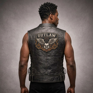 Gilet de motard en cuir véritable écologique pour homme, avec patch tête de mort brodé, design au dos, style moto, garniture en fourrure, vêtement d'extérieur d'automne - Product Image 1