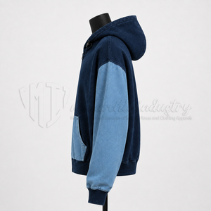 เสื้อแจ็คเก็ตฮู้ดซิปยีนส์สีตัดต่อแบบขายส่งตามสั่ง ผู้ผลิตเสื้อผ้าสตรีทแวร์แบบ OEM ODM - Product Image 4