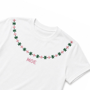 Custom Floral Garland Embroidered women's shirt Loose Fit Short Sleeve Crew Neck T-Shirt Spring Summer Casual Solid Cotton <b>Top</b> - Product Image 4