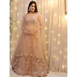 Atractivo Lehenga Choli de lentejuelas color melocotón con red de lentejuelas, semicosturado, para bodas, con Dupatta, de Zeel Clothing - Product Image 4