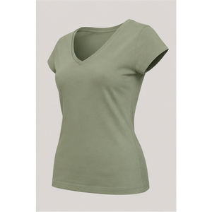 Camiseta ajustada de manga corta con cuello en V color verde salvia para mujer WTS-0073 - Product Image 3