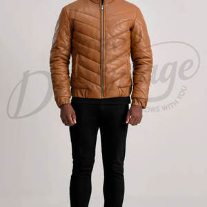 Chaqueta de cuero acolchada para hombre, color marrón, con diseño en V, estilo chevron, cuello alto, cálida, acolchada, corte ajustado, estilo motero. - Product Image 4