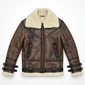 Mens Brown Aviator <b>Jacket</b> <b>Shearling</b> Fleece Lined <b>Bomber</b> <b>Jacket</b> Winter Warm <b>Jacket</b> Men Sheepskin Leather <b>Jacket</b> Stand Collar Zip - Product Image 5