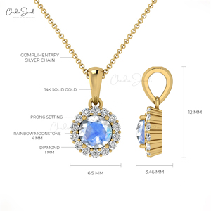 Colgante Halo de Oro Sólido de 14k Hecho a Mano con Piedra Lunar Arcoíris Natural de Corte Brillante de 4mm y Diamantes, Proveedor Mayorista - Product Image 4