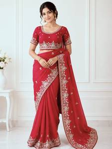 ผ้าซารีจอร์เจตต์ลายดาว พร้อมงานปักดิ้นและเลื่อม ดีไซน์เนอร์ C Pallu  ตกแต่งขอบด้วยผ้าปิ๊ปปิ้ง พร้อมเสื้อผ้าซาตินบังลอรีปักลาย - Product Image 2