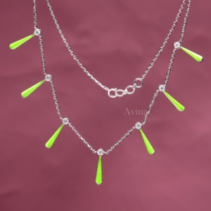 IGI Certified Lab Grown Diamond Green Enamel Station <b>Necklace</b> in <b>Solid</b> 925 Sterling <b>Silver</b> Modern Designer Jewelry <b>Necklace</b> - Product Image 2