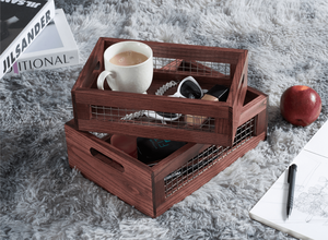 Impressive Set of 2 Fruits <b>Wooden</b> <b>Baskets</b> <b>Wooden</b> Countertop Storage Organizing Rack Crates for Vegetable - Product Image 3