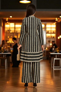 Conjunto occidental moderno para mujer, hermoso vestido en zigzag blanco y negro y pantalones palazzo, ideal para oficina y fiestas. - Product Image 4