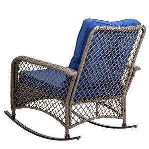 Sedia a dondolo in rattan grigio con schienale spesso e cuscino blu - Product Image 3