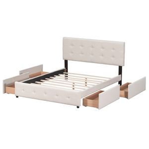 Letto Classico Queen Size Imbottito Beige con Testiera e 4 Cassetti, Non Richiede Rete a Doghe, Tessuto in Lino (Vecchio SKU LP) - Product Image 6