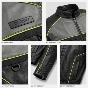 Chaqueta de cuero verde neón con ribetes para hombre, personalizada, al por mayor, OEM/ODM, con puños grises, estilo motero, proveedor directo de fábrica de ropa. - Product Image 6