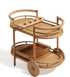 Premium Teak Wood Bar <b>Trolley</b> Cart with Wheels and Rattan Detail, Modern <b>Serving</b> Cart for Hotel, Restaurant and Hospitality - Product Image 1