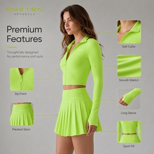 Ensemble de tennis respirant en maille pour femme avec jupe-short zippée, extensible, léger et ajusté, vert - Product Image 6