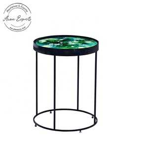 Modern <b>Round</b> End <b>Table</b> with Black Metal Frame and Artistic Green Resin Top Stylish Accent for Living Room or Bedroom - Product Image 1