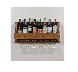 Soporte de pared decorativo premium para botellas de vino de madera con colgador de copas y soporte para botellas de vino - Product Image 1