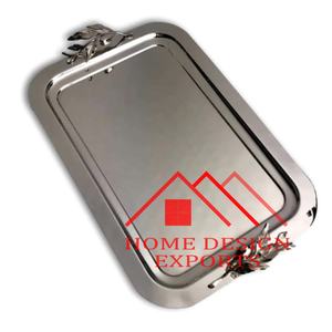 Plateau de service rectangulaire avec poignée en forme de feuille Plateau galvanisé en acier inoxydable poli argenté - Product Image 1