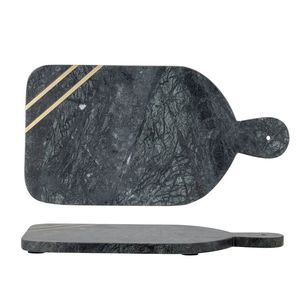 Tabla de cortar de mármol rectangular con asa, superficie gris oscuro con vetas y detalles de rayas doradas, bloque de corte para cocina - Product Image 1
