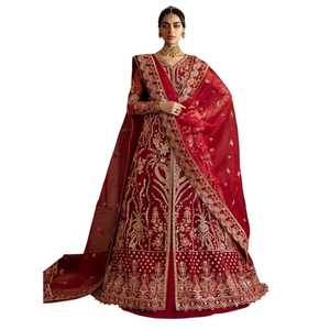 Elegante Vestido de Gala Rojo de Organza Bordado con Cuello Alto y Mangas Largas, Vestidos de Novia Florales Hechos a Mano, Vestidos de Fiesta Indios para Mujer - Product Image 1
