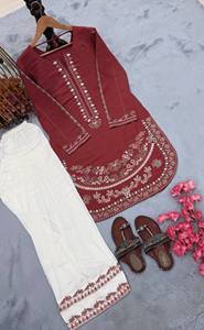 New Designer HeavyPur Roman Silk With Embroidery Work <b>Top</b> Plazzo Suit Set - Product Image 5