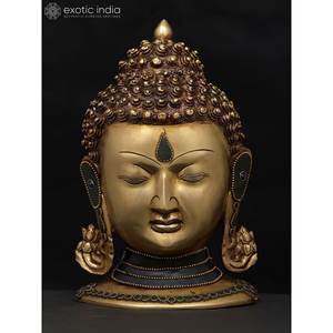 Sculpture en laiton de 9 pouces de tête de bouddha méditant avec travail d'incrustation complexe - Product Image 3