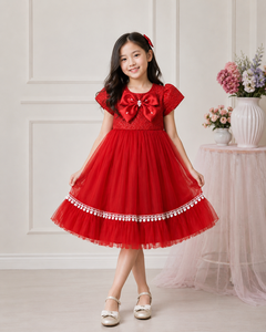 Girls <b>Red</b> Tulle Party Dress With <b>Bow</b> Applique A-Line Knee-Length Cap Sleeve Solid Color Winter Dress - Product Image 1