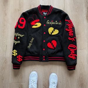 Men's <b>Black</b> Red Varsity <b>Jacket</b> Embroidered LA Lettering Casual Autumn Coat Turn-down Collar Regular Fit - Product Image 3