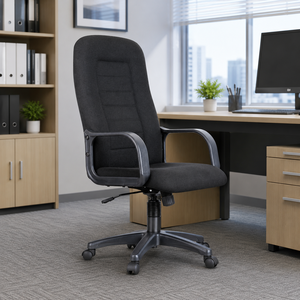Chaise de bureau exécutive ergonomique moderne en tissu, dossier haut, pivotante, avec accoudoirs fixes, base en plastique pour usage domestique/bureau - Product Image 1