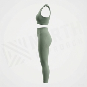 Conjunto de yoga verde salvia de cintura alta para mujer, 2 piezas, sujetador deportivo sin costuras con espalda cruzada y leggings largos - Product Image 3