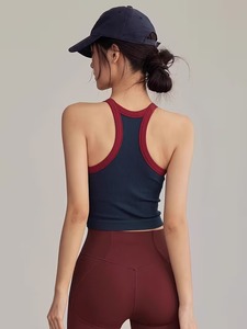 High <b>Neck</b> Sports Bra Women Contrast Trim Ribbed Crop Top Racerback <b>Padded</b> Gym Workout Fitness Activewear Seamless Tank - Product Image 5